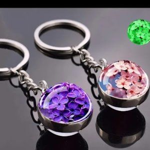 Set of 2 Luminous Flower Keychains "Lotus Cherry Blossoms" 1 Pink, 1 Purple